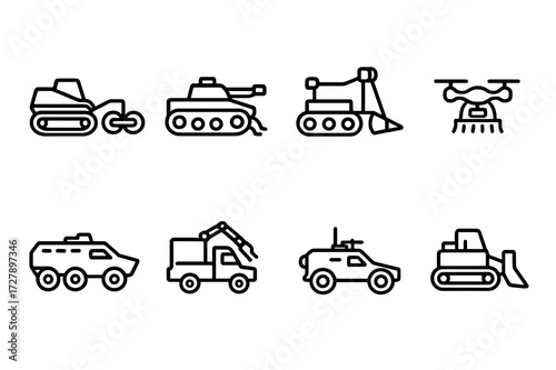 Mine Vehicle Icons. Outline icon set of mine-related vehicles: mine roller, mine flail tank, mine clearing line charge, mine sweeping drone, armored personnel