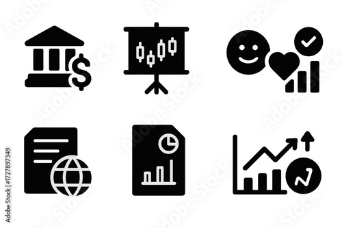 Trading Analysis Icons. Solid, filled icon set of trading analysis: fundamental analysis, technical analysis, sentiment analysis, economic indicators, news