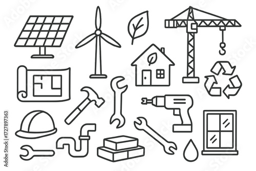 Eco Construction Icons. Hand-drawn doodle illustration Green commercial construction [solar panel, wind turbine, leaf, crane, blueprint, eco house, recycling