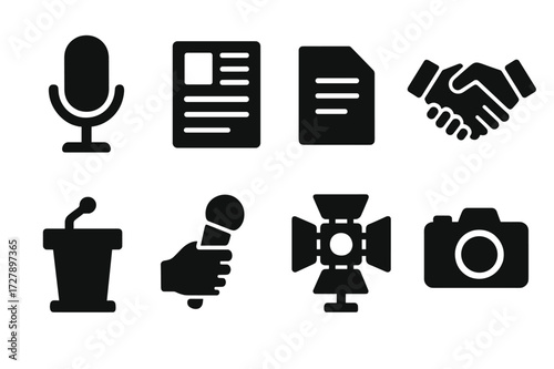 PR Agency Icons. Solid, filled icon set of PR agency: microphone, news, press release, handshake, podium, interview, spotlight, camera. [Line icons in only