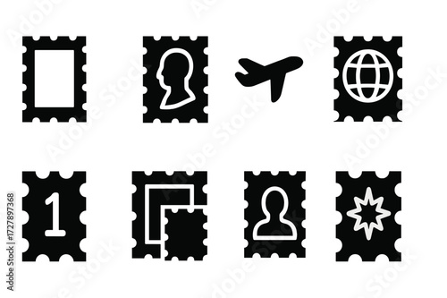 Stamp Icon Collection. Solid, filled icon set of stamp types: postage stamp, commemorative stamp, airmail stamp, international stamp, definitive stamp,