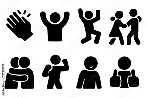 Celebration Icons Grid. Solid, filled icon set of celebration reactions: clapping, cheering, jumping, dancing, hugging, fist pump, head nod, double thumbs up.