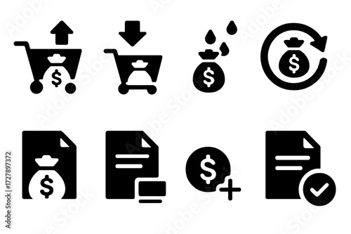 Mutual Fund Icons. Solid, filled icon set of mutual fund transactions: buy order, sell order, dividend payout, reinvestment, subscription,