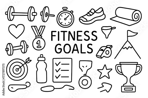 Fitness Icons Doodle. Hand-drawn doodle illustration fitness goals dumbbell, barbell, stopwatch, running shoes, yoga mat, heart icon, medal, star, target,