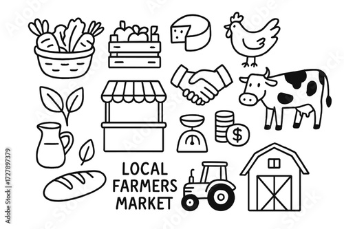 Farmers Market Doodle. Hand-drawn doodle illustration local farmers market basket of vegetables, fruit crate, sack of grain, cheese wheel, chicken, cow, shop