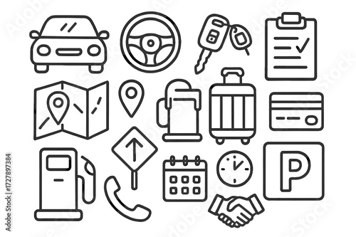 Car Rental Symbols. Hand-drawn doodle illustration car rental service car, steering wheel, key, clipboard, map, GPS pin, suitcase, credit card, gas pump, road
