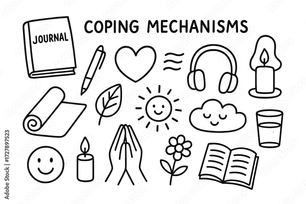 Fototapeta premium Coping Mechanisms Doodle. Hand-drawn doodle illustration coping mechanisms journal, pen, yoga mat, heart, leaf, breathing lines, headphones, candle, smiley