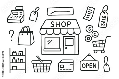Local Shops Doodle. Hand-drawn doodle illustration local shops storefront, awning, shopping bag, cash register, basket, receipt, shelves, price tag, trolley,