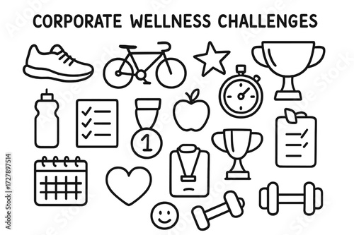 Corporate Wellness Icons. Hand-drawn doodle illustration Corporate wellness challenges running shoe, bicycle, stopwatch, star, trophy, water bottle, apple,