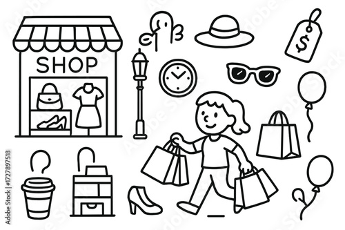Street Shopping Doodles. Hand-drawn doodle illustration Street shopping spree Person, shopping bags, storefront, dress, shoes, hat, purse, sunglasses, price