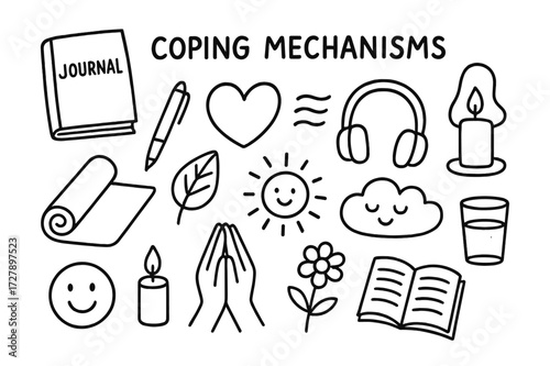 Coping Mechanisms Doodle. Hand-drawn doodle illustration coping mechanisms journal, pen, yoga mat, heart, leaf, breathing lines, headphones, candle, smiley