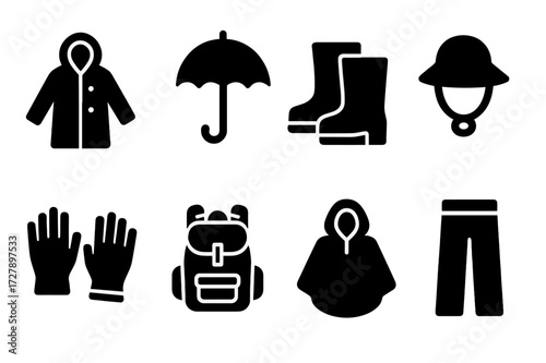 Rain Gear Essentials. Solid, filled icon set of rain clothing and gear: raincoat, umbrella, waterproof boots, rain hat, rain gloves, waterproof backpack,