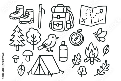 Hiking Essentials Doodle. Hand-drawn doodle illustration [hiking trail experience] [hiking boots, walking stick, backpack, map, compass, pine tree, oak tree,