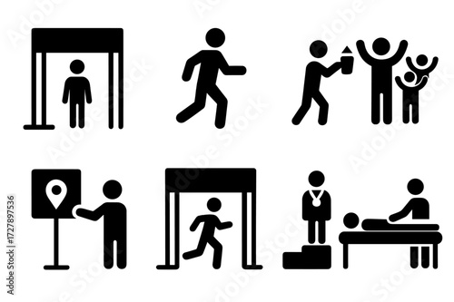 Marathon Race Icon Set. Solid, filled icon set of marathon race stages: start line, pace runner, hydration station, cheering crowd, mile marker, finish chute,