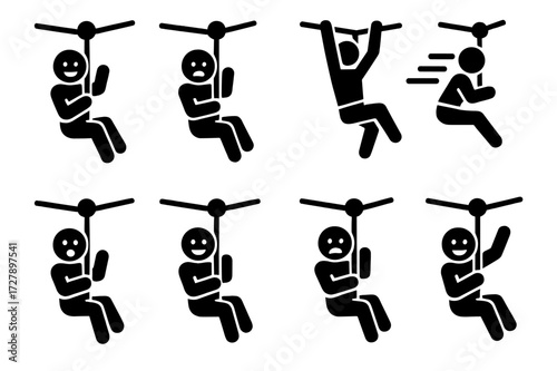 Zip Line Icon Set. Solid, filled icon set of zip line feelings: excitement, fear, freedom, speed, adrenaline, thrill, joy, challenge. [Line icons in only black