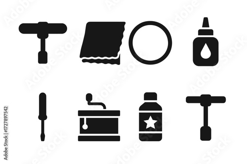 Drumline Maintenance Icons. Solid, filled icon set of drumline maintenance: tuning key, cleaning cloth, replacement drumhead, lubricating oil, screwdriver,