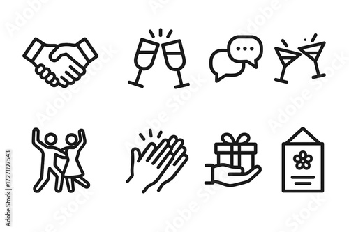 Gala Icon Set. Solid, filled icon set of gala socializing: handshake, champagne toast, conversation bubbles, clinking glasses, dance pose, applause hands, gift
