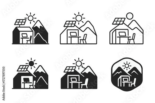 Solar Workspace Logos. Remote work in extreme environments. Set Logo of remote work in extreme environments: Solar-powered workspace icon. harmonious logo
