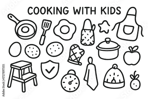 Cooking with Kids. Hand-drawn doodle illustration [Cooking with kids] [small frying pan, safe handle, mini spatula, apron, egg, pancake, cookie cutter, oven