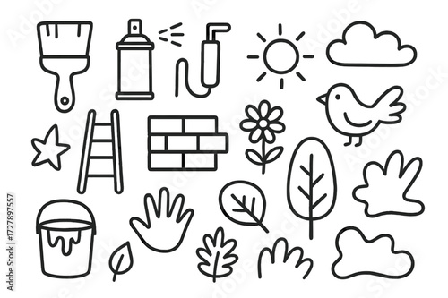 Outdoor Art Tools. Hand-drawn doodle illustration Outdoor mural paintbrush, spray can, roller brush, brick wall, ladder, sun, cloud, bird, flower, star, paint