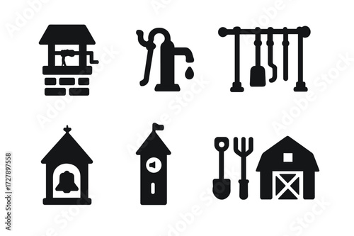 Manor Utilities Icons. Solid, filled icon set of manor utilities: well, water pump, lantern, fireplace tools, bell tower, clock tower, garden tools, stables.