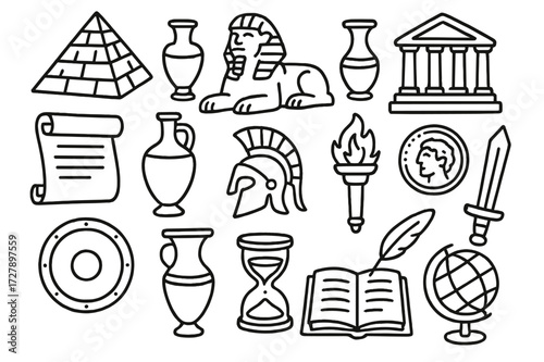 Ancient Civilization Icons. Hand-drawn doodle illustration ancient civilizations pyramid, sphinx, temple, scroll, vase, sword, shield, helmet, torch, coin,