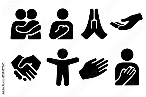 Healing Gestures Icons. Solid, filled icon set of healing gestures: hug, hand on heart, prayer hands, gentle touch, holding hands, open arms, soothing hand,