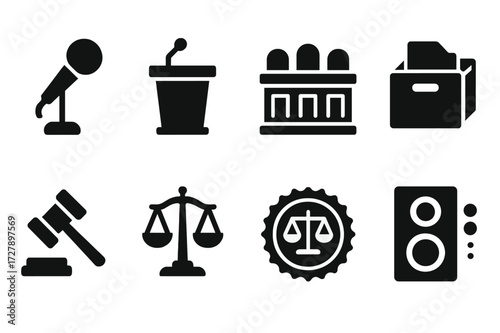Courtroom Equipment Icons. Solid, filled icon set of court equipment: microphone, podium, bench, evidence box, gavel stand, legal scales, court seal, sound