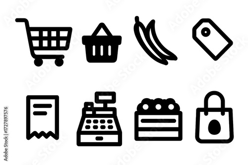 Grocery Icon Set. Solid, filled icon set of grocery shopping: shopping cart, basket, green beans, price tag, receipt, cash register, produce aisle, reusable