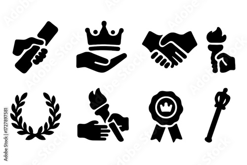 Power Transition Icons. Solid, filled icon set of transition of power: handover scroll, crown exchange, handshake, laurel wreath, torch passing, royal seal,