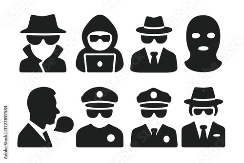 Secrecy People Icons. Solid, filled icon set of secrecy people: spy, hacker, secret agent, masked figure, informant, security guard, undercover cop,