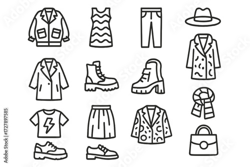 Fashion Icon Set. Eye-catching apparel. Line icon set of eye-catching apparel: oversized jacket, patterned dress, leather pants, statement coat, chunky boots,