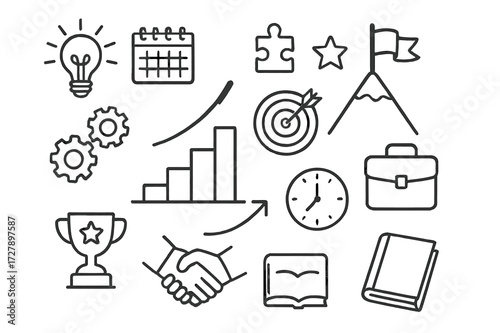Career Growth Doodles. Hand-drawn doodle illustration career growth ladder, mountain peak, flag, target, arrow, gears, light bulb, calendar, puzzle piece,