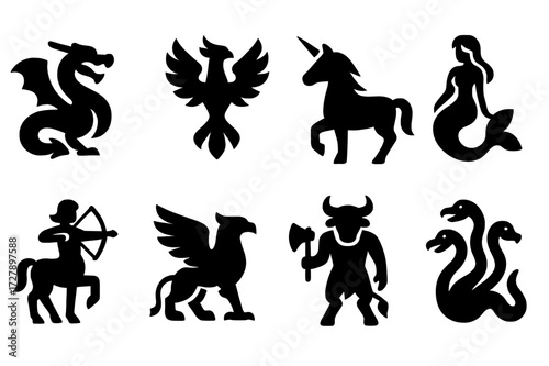 Mythical Creatures Icons. Solid, filled icon set of mythological creatures: dragon, phoenix, unicorn, mermaid, centaur, griffin, minotaur, hydra. [Line icons
