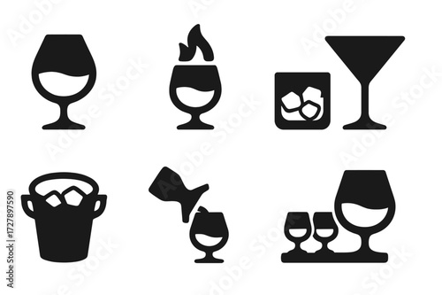 Brandy Icons Set. Solid, filled icon set of brandy serving styles: neat pour, warmed glass, on the rocks, cocktail glass, ice bucket, decanter pour, tasting