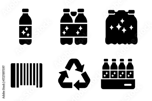Sparkling Water Icon Set. Solid, filled icon set of sparkling water packaging: branded label, six-pack holder, shrink wrap, cardboard tray, barcode, recyclable