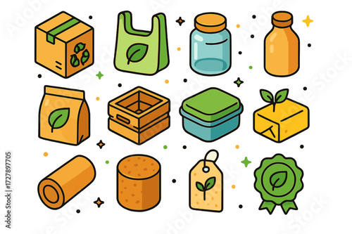 Eco Packaging Icons. Eco packaging. Colorful isometric vector icons set of Eco packaging: recycled box, biodegradable bag, glass jar, paper bottle, compostable