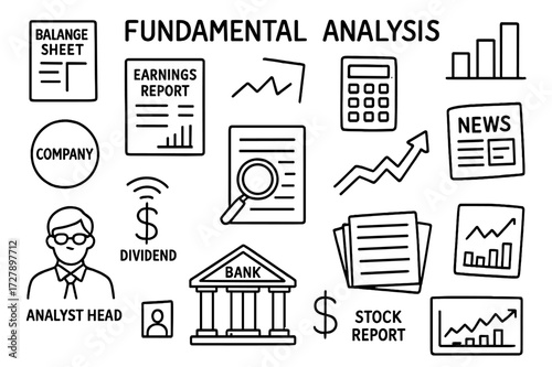 Financial Doodle Icons. Hand-drawn doodle illustration Fundamental Analysis balance sheet, earnings report, calculator, bar chart, company logo, magnifier on