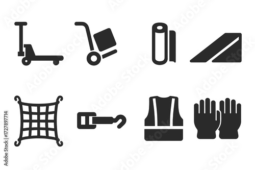 Shipping Equipment Icons. Solid, filled icon set of shipping equipment: pallet jack, hand truck, shrink wrap, loading ramp, cargo net, tie down strap, safety