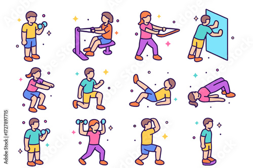 Colorful Exercise Icons. Strength training. Colorful isometric vector icons set of Strength training: light dumbbell curls, seated row, resistance band pull,