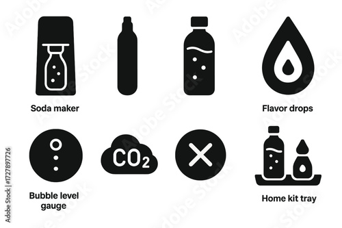 DIY Sparkling Water Icons. Solid, filled icon set of DIY sparkling water: soda maker machine, carbonation cartridge, refillable bottle, flavor drops, bubble
