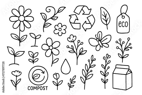 Eco Floral Packaging Icons. Hand-drawn doodle illustration Floral eco packaging [flower, vine, herbal leaf, recycling symbol, eco tag, plant sprout, blossom,