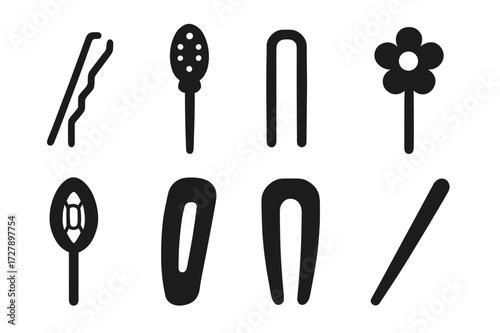 Hairpin Icons Grid. Solid, filled icon set of hairpin types: bobby pin, decorative hairpin, U-shaped hairpin, floral hairpin, jeweled hairpin, metal hairpin,