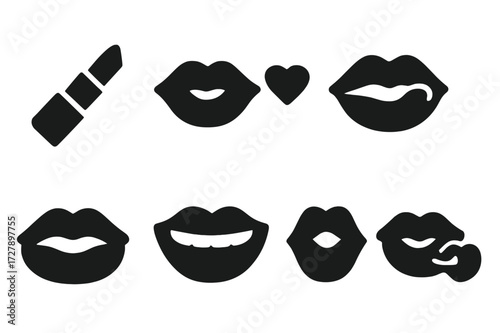 Lips Icon Set. Solid, filled icon set of lips actions: applying lipstick, blowing kiss, licking lips, biting lips, smiling, speaking, whistling, kissing.