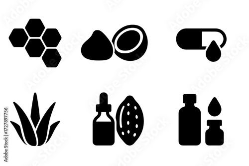 Pocket Balm Icon Set. Solid, filled icon set of pocket balm ingredients: beeswax, shea butter, coconut oil, vitamin E, aloe vera, jojoba oil, cocoa butter,