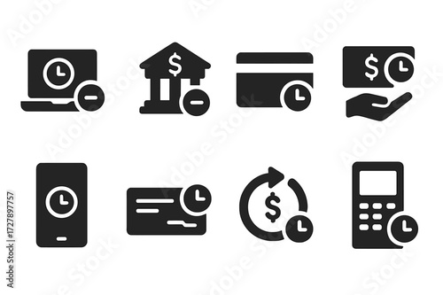 Payment Methods Icons. Solid, filled icon set of late payment payment methods: online payment, bank transfer, credit card, cash deposit, mobile app, cheque,