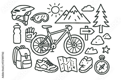 Mountain Biking Essentials. Hand-drawn doodle illustration Mountain biking adventure mountain bike, helmet, goggles, gloves, water bottle, trail sign, pine
