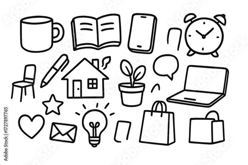 Everyday Object Doodles. Hand-drawn doodle illustration Flat + 3D hybrid style everyday objects [coffee mug, book, phone, laptop, clock, pen, chair, house,