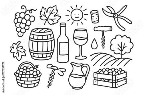 Wine Making Doodles. Hand-drawn doodle illustration Wine making process grape cluster, barrel, wine bottle, cork, corkscrew, glass, jug, basket, vine leaf,