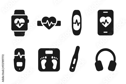Wellness Tech Icons. Solid, filled icon set of wellness technology: smartwatch, heart rate monitor, fitness tracker, mobile health app, pulse sensor, smart